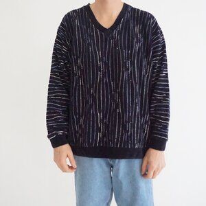 Tundra Canada Black White Striped Textured V Neck Knit Sweater Made In Canada L